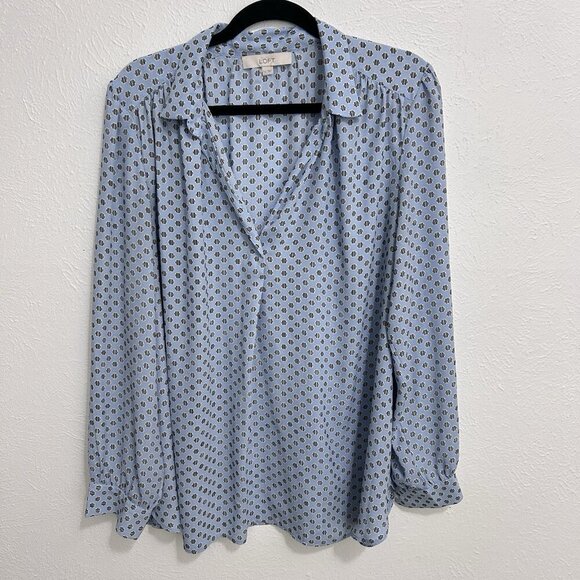 Loft Blouse Popover Light Blue Striped Dots Long Sleeve Shirt Top V Neck Size XL - Picture 4 of 11